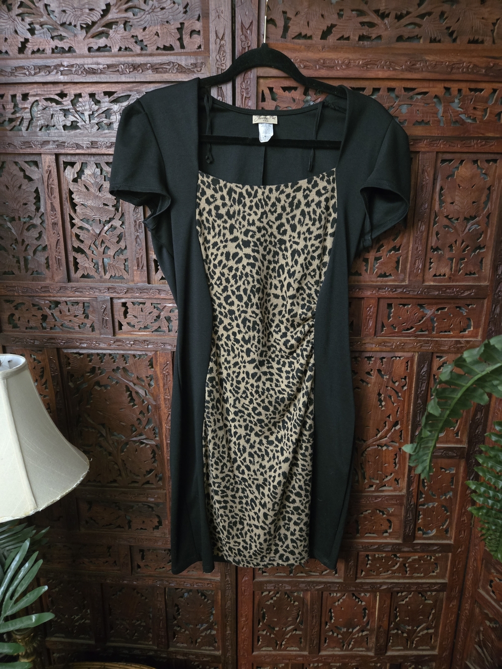 Jeanette Plus Black Dress with Leopard Print Panel